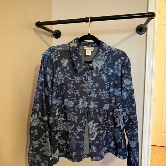 Coldwater Creek Jean Jacket, Medium, with blue flowers - Picture 1 of 3